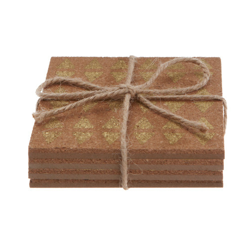 Set of 4 Brown and Gold Square Cork Tribal Designed Printed Coaster 3"