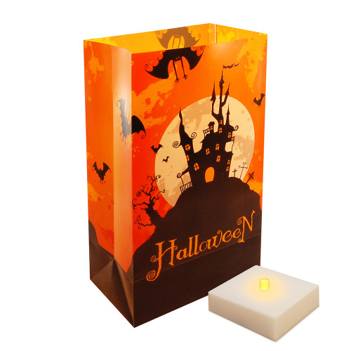 Set of 6 Battery Operated Black and Orange Halloween House Design Luminaria Kit 10"