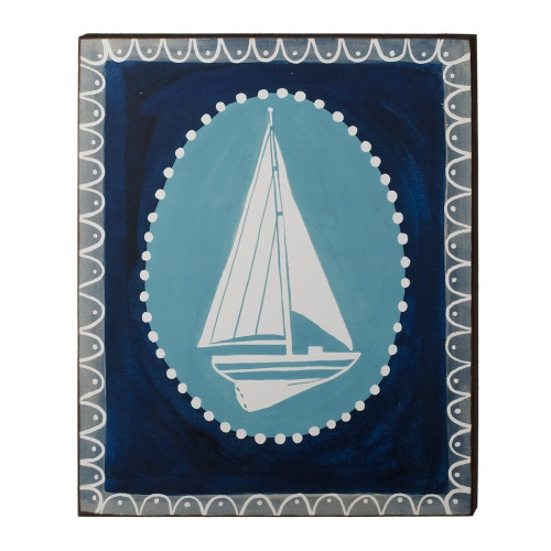 19” Nautical Unframed Decorative Boarder Blue and White Sailboat Hanging Wall Art