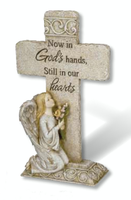 11.75” Religious Kneeling Angel “God’s Hands” Cross Outdoor Garden Memorial Stone