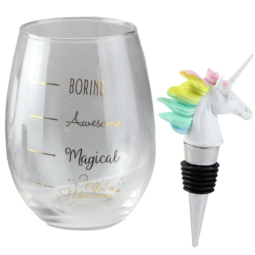 Rainbow Unicorn Stemless Wine Glass and Bottle Stopper Gift Set 16oz