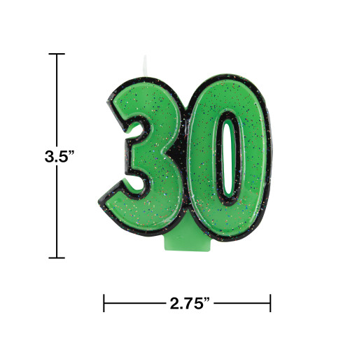 Pack of 6 Green and Black Bold Glitter Molded Numeral "30" Party Candles 3.5"