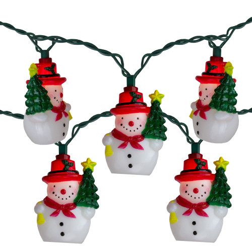 Set of 10 Snowman With a Christmas Tree Novelty Lights - 11" Green Wire
