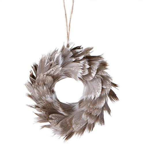 6" Urban Nature Champagne Glittered Grey Feathered Wreath Christmas Ornament