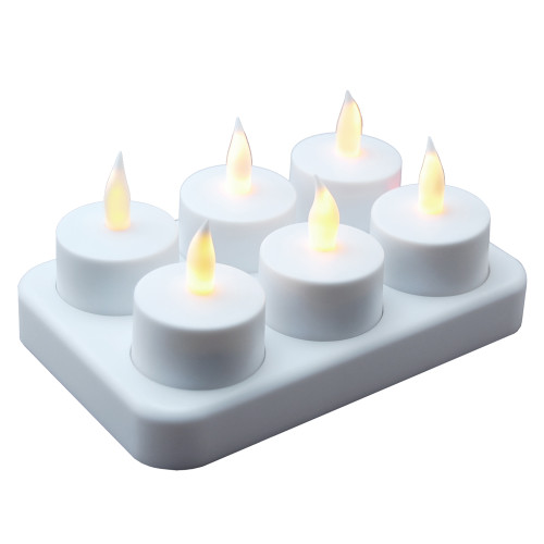 Set of 6 White Rechargeable Battery Operated Amber LED Tea Light Candles with Frosted Holders 2"