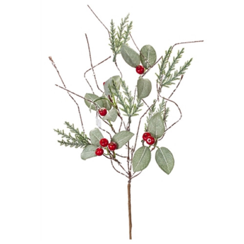 Pack of 24 Green and Red Cedar Leaf Berry Picks 12"