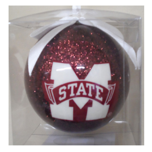 3" Red and White Round Synthetic Glitter Ball with MSU Logo Design