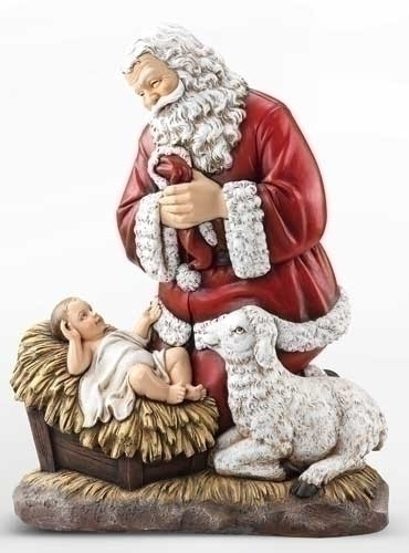 24" Red Kneeling Santa with Baby Jesus and Lamb Christmas Statue
