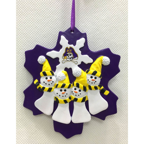 4" Gold and Purple Hanging Christmas Ornament with ECU Pirates Logo and Quadruple Snowman Design