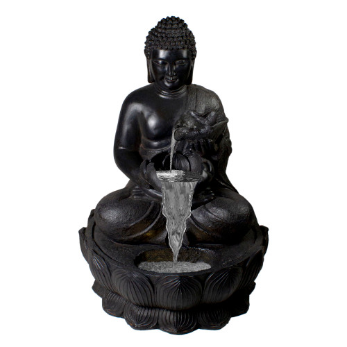 31.5" Black Buddha in a Flower Outdoor Garden Water Fountain