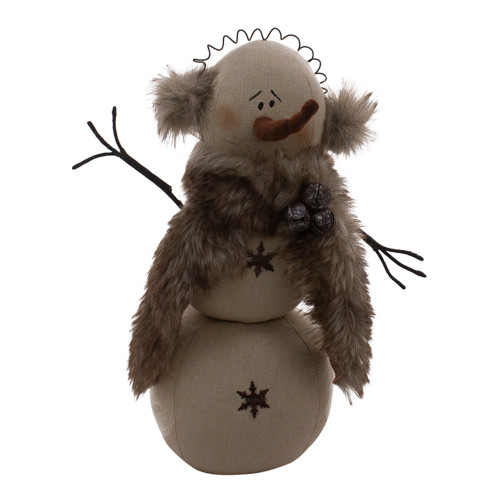 12.5" Brown and Orange Fur Scarf and Earmuff Snowman Decoration