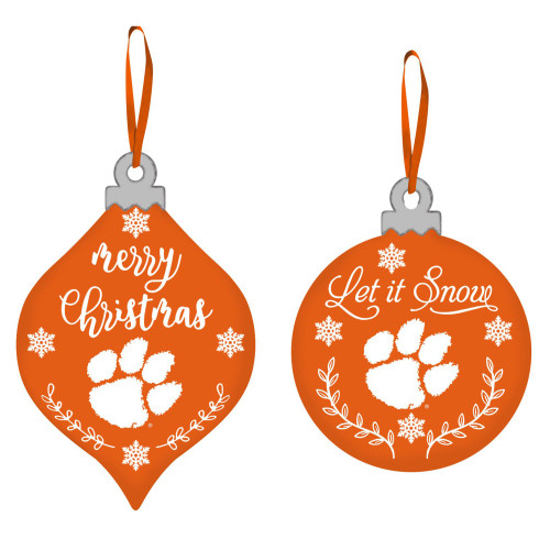 Set of 2 Orange Snowball Hanging Christmas Ornament with Clemson Tiger Paw Logo, 4"