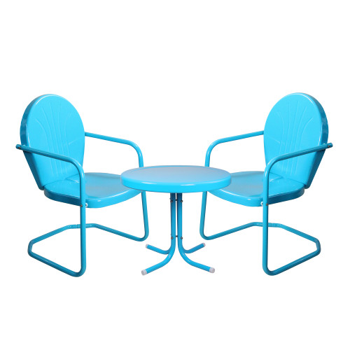 3-Piece Retro Metal Tulip Chairs and Side Table Outdoor Set, Turquoise Blue