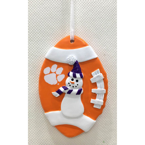 3.25" Orange. White, and Purple Football Snowman Hanging Christmas Ornament with Clemson Tiger Paw Logo