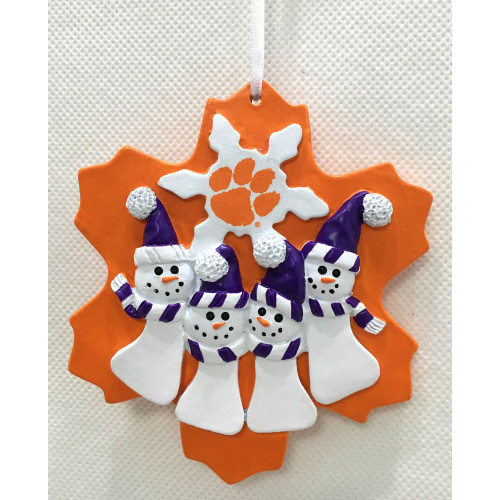 4" Orange and Purple Hanging Christmas Ornament with Clemson Tiger Logo and Quadruple Snowman Design