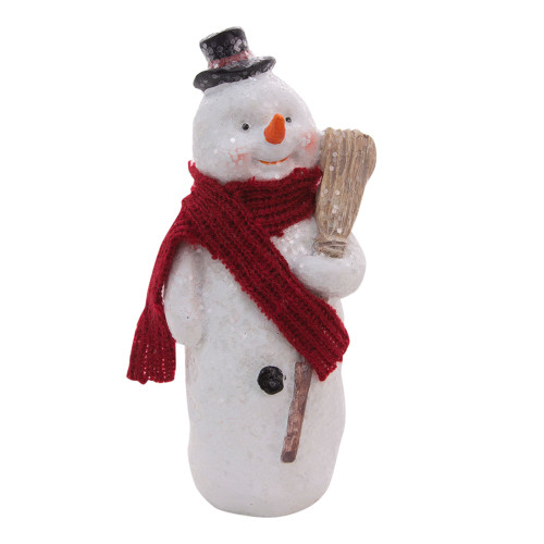 4" White Snowman with Red Scarf and Broom Figurine