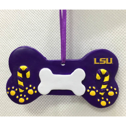 3" Purple Dog Bone Hanging Ornament with LSU Tigers Logo