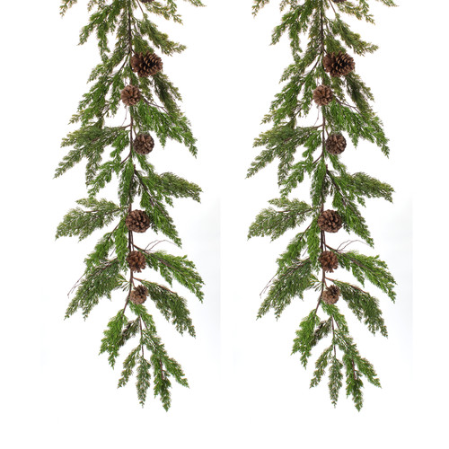 Set of 2 Green and Brown Plastic Pine with Cone Garland 6”