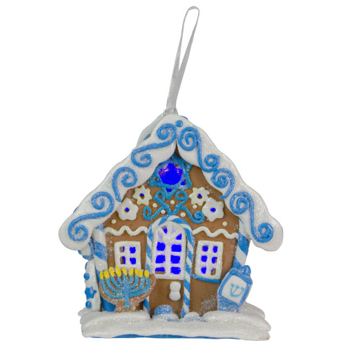 4" Blue and White Hanukkah Gingerbread LED Lighted House Hanging Ornament