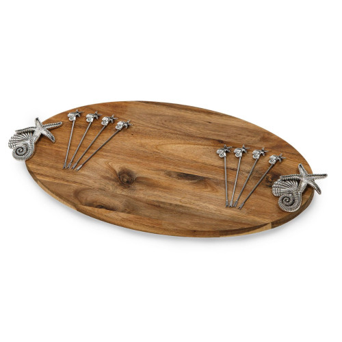 18" Brown Oval Food Board with Sea Treasure Design