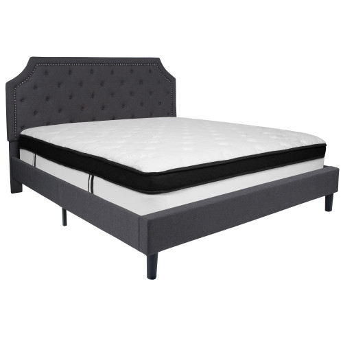 85.25" Slate Gray and Silver Transitional Tufted Platform Bed with Mattress - King Size