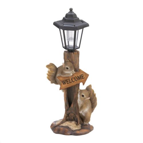 10" Brown and Black Friendly Squirrels Solar Lamp