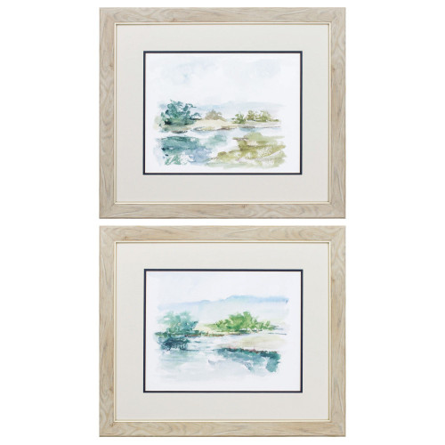 Set of 2 Blue and White Contemporary Spring Watercolor Wall Art Decors 19" x 22"
