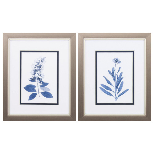 Set of 2 Blue and White Indigo Press Floral Rectangular Wall Art Decors 11" x 9"