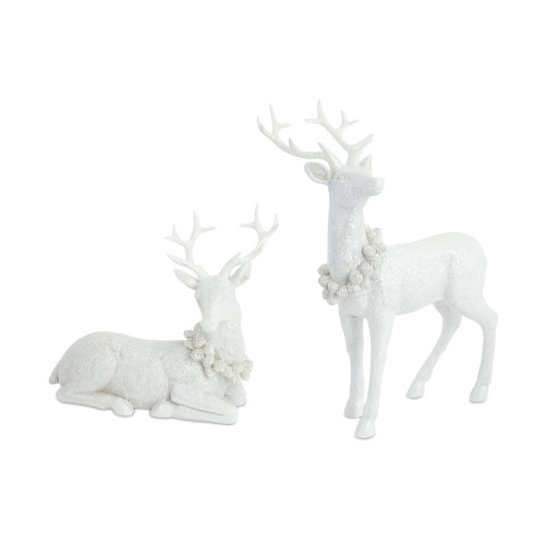 Set of 2 Assorted White Sitting and Standing Deer Christmas Figurines 11.75"