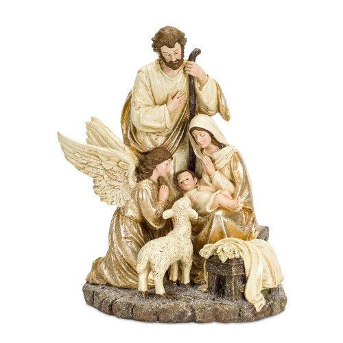 15" Gold and Brown Antique Holy Family with Angel and Lamb Figurine