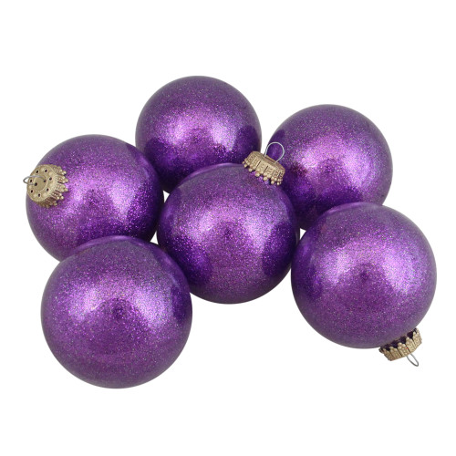 Set of 6 Shiny Purple Sparkling Glass Ball Ornaments 2.5"