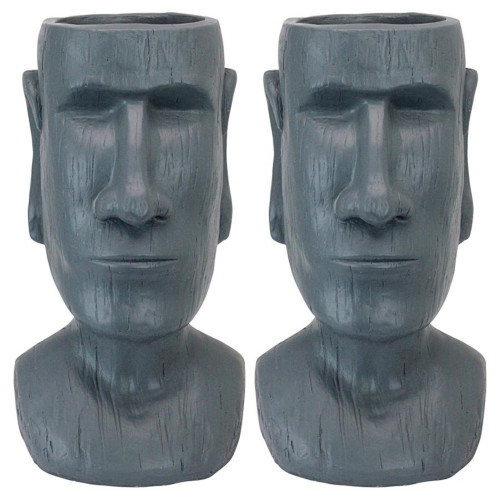 Set of 2 Gray Easter Island Moai Head Wall Planters 18"