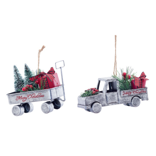 Set of 12 White, Red, and Green Home Decoration 2 Assortment Truck and Wagon Ornament, 5.5"
