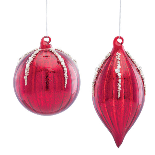 Set of 12 Red and Silver Beaded Christmas Ornaments 6.5"