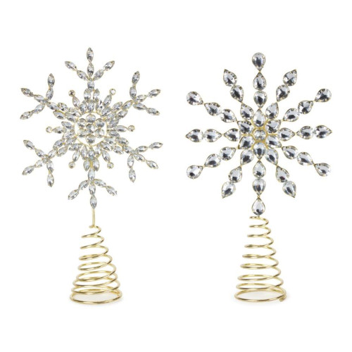 Set of 12 Lighted LED Contemporary Jeweled Snowflake Christmas Tree Toppers - White Lights, 10.5"