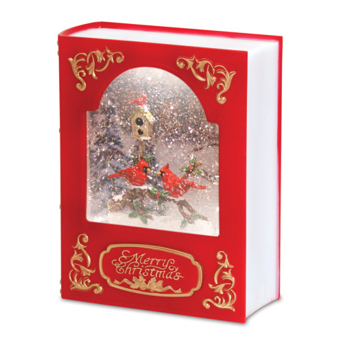 Book Snow Globe w/Cardinals 8.5"H Plastic 6 Hr Timer 3 AA Batteries, Not Included or USB Cord Includ