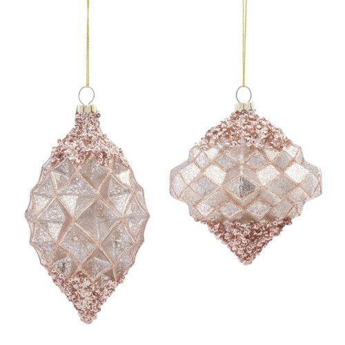 Set of 2 White and Gold Glass Glitter Assorted Christmas Ornaments 6"