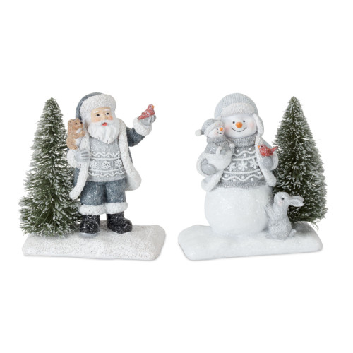 Set of 3 Gray Santa and Snowman with Tree Christmas 6 Piece Tabletop Figurines 4.5"