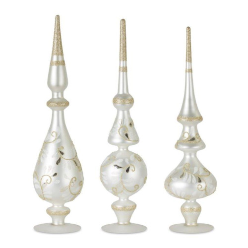 Set of 3 Metallic White and Gold Glass Christmas Tabletop Finials 16.75"