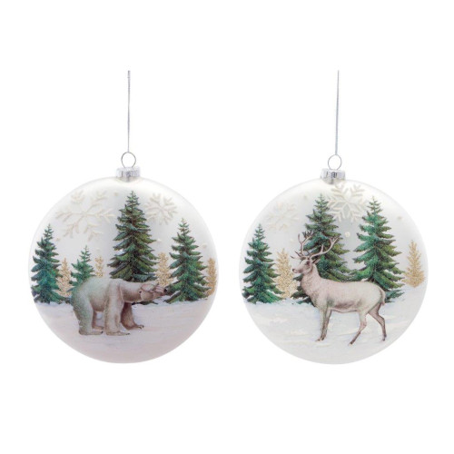Set of 6 White and Green Glass Animal Christmas Disc Ornaments, 6.5"
