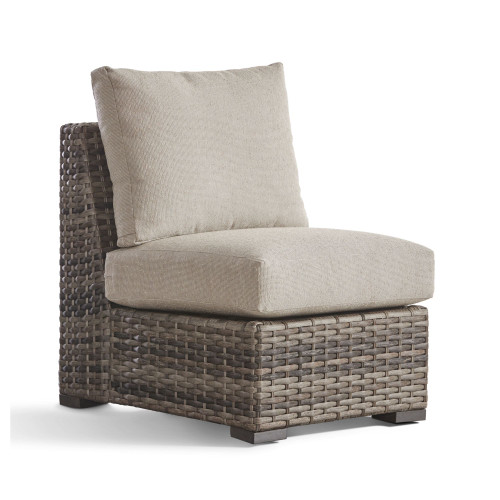 38” Taupe Synthetic Wicker Armless Chair with Blue Cushion