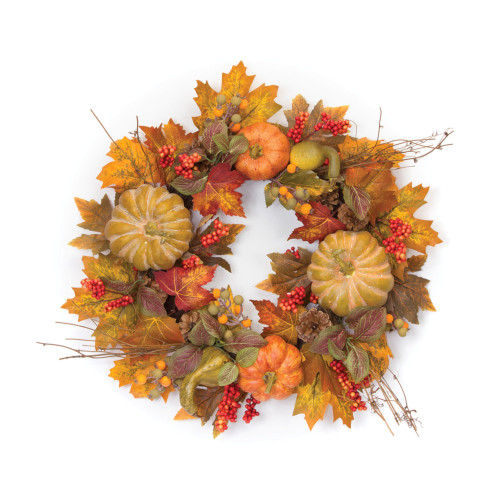 Set of 2 Yellow Floral Pumpkin Round Decorative Wreath, 20"