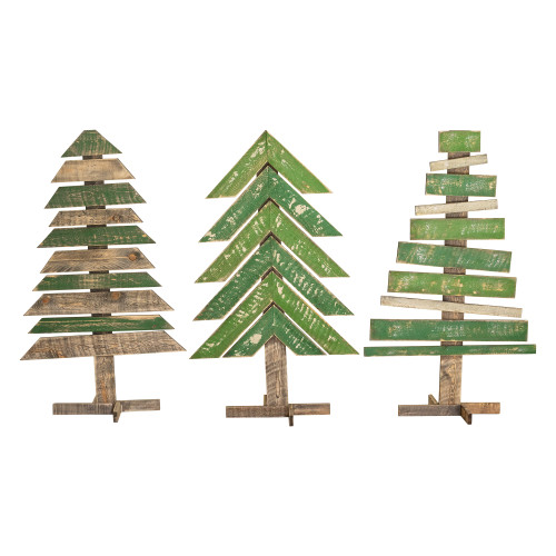 Set of 3 Green and Brown Recycled Wood Christmas Trees With Stands