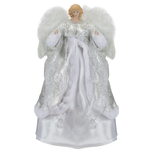 18" Blonde Angel in White and Sliver Dress with Faux Fur Trim Christmas Tree Topper