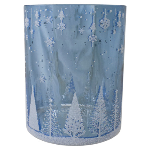 6.25-Inch Shiny Blue and Silver Winter Forest and Snowflake Flameless Candle Holder