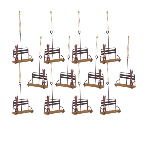 Pack of 12 Beige and Brown Wood with Metal Ski Chair Lift Ornaments 20”