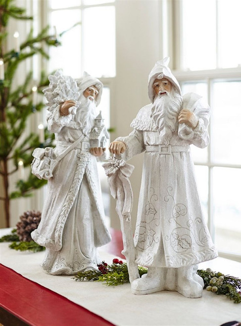 Set of 2 White Glittered Christmas Santa Clause Figurines 22"