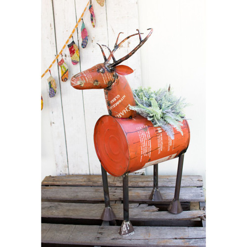 4' Red and Brown Reclaimed Metal Christmas Barrel Deer Cooler/Planter
