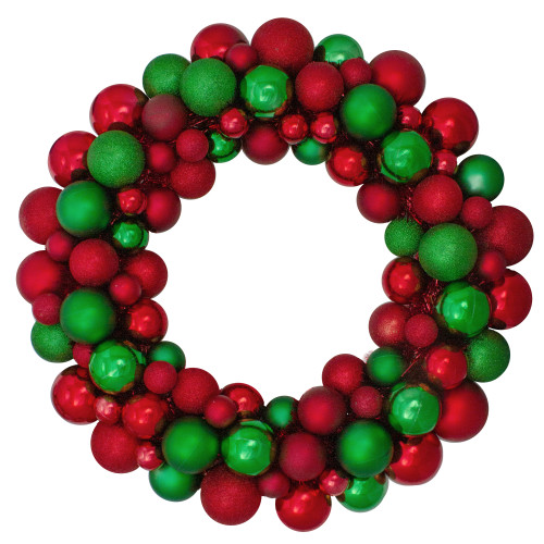Red and Green 3-Finish Shatterproof Ball Christmas Wreath - 24-Inch, Unlit