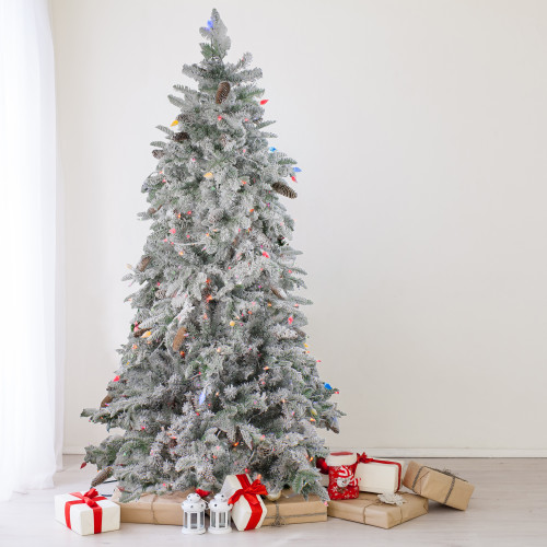Real Touch™ Pre-Lit Artificial Flocked Dunton Spruce Slim Christmas Tree - 6.5' - Multi Lights